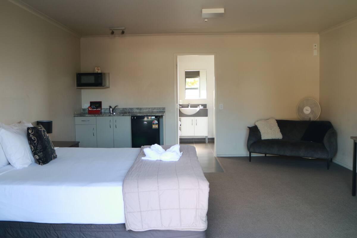 A hotel room with a bed, a sofa, a desk, a microwave, a refrigerator, and a kitchenette.