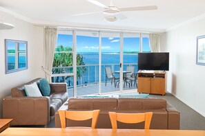 Ocean View 2 Bedroom Apartment | Living area | LCD TV, pay movies - Watermark Resort Caloundra (Caloundra)