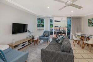 Superior Two Bedroom Ground Floor Apartment Partial Sea View | Living area | LCD TV, pay films - Watermark Resort Caloundra (Caloundra)