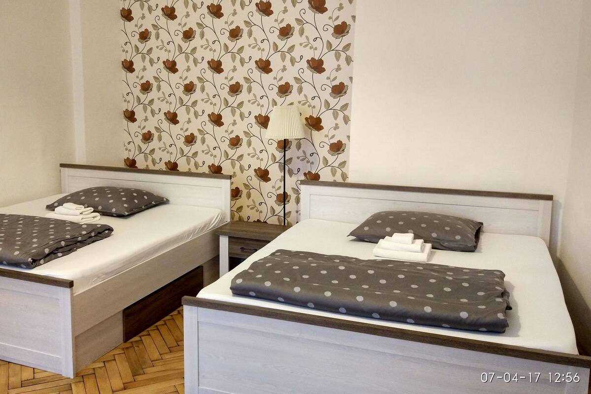 Deux lits simples avec des matelas blancs et des couvertures à pois gris, des têtes de lit en bois et un papier peint à motifs floraux sur le mur.