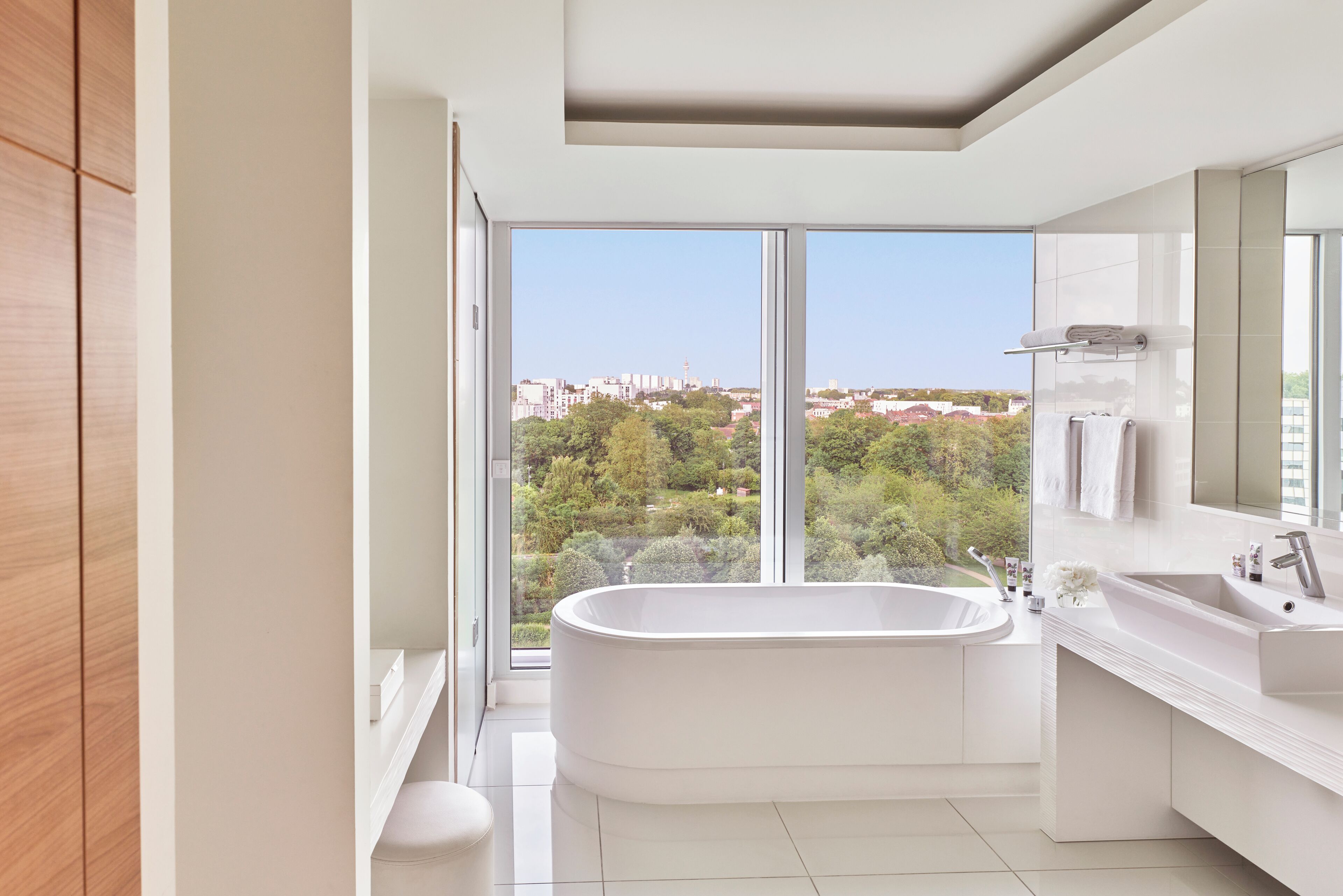 combined shower/bathtub, eco-friendly toiletries, hair dryer, bathrobes