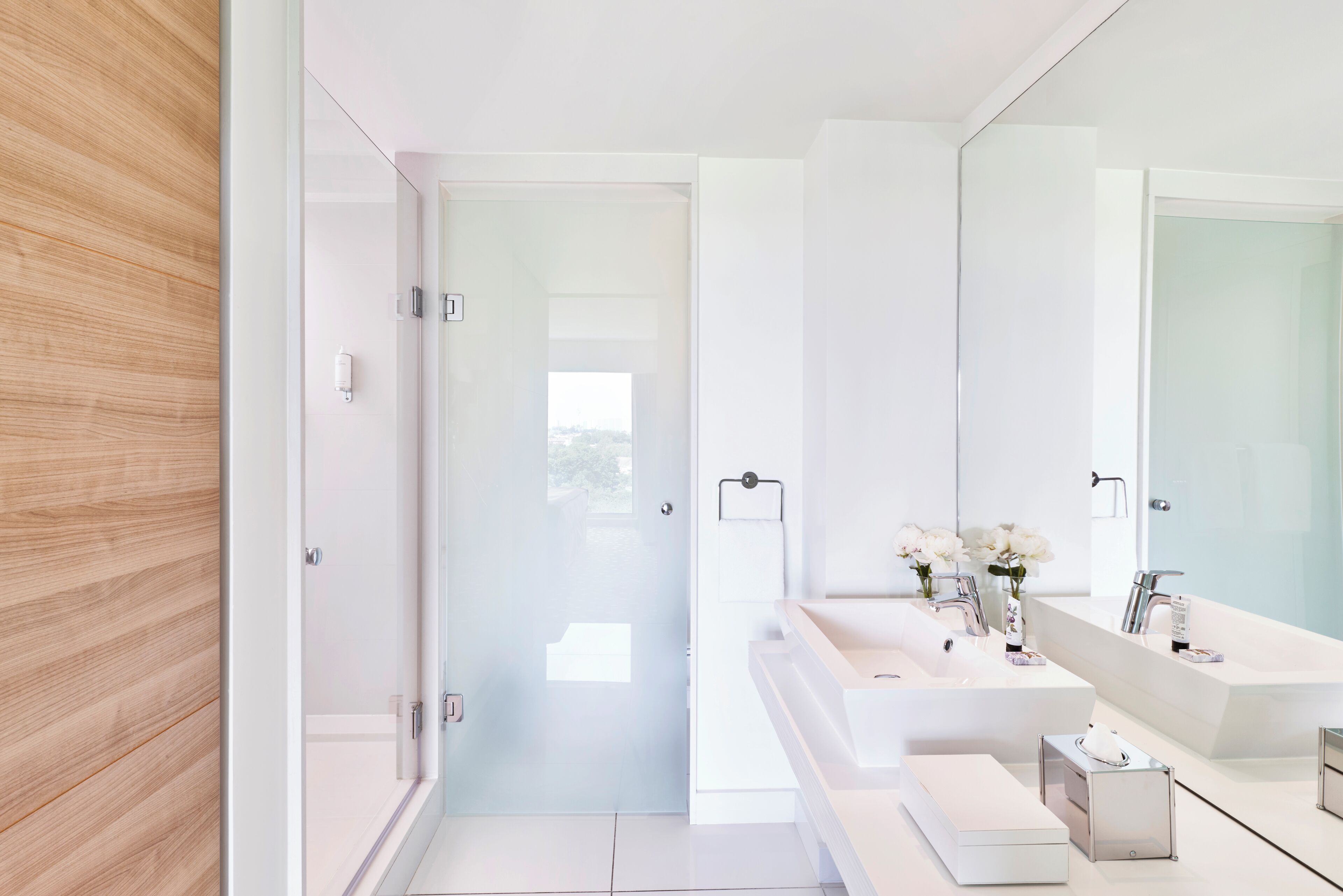 combined shower/bathtub, eco-friendly toiletries, hair dryer, bathrobes