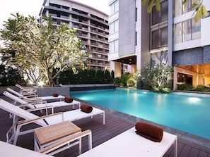 Outdoor pool, open 6:00 AM to 8:00 PM, pool umbrellas, sun loungers