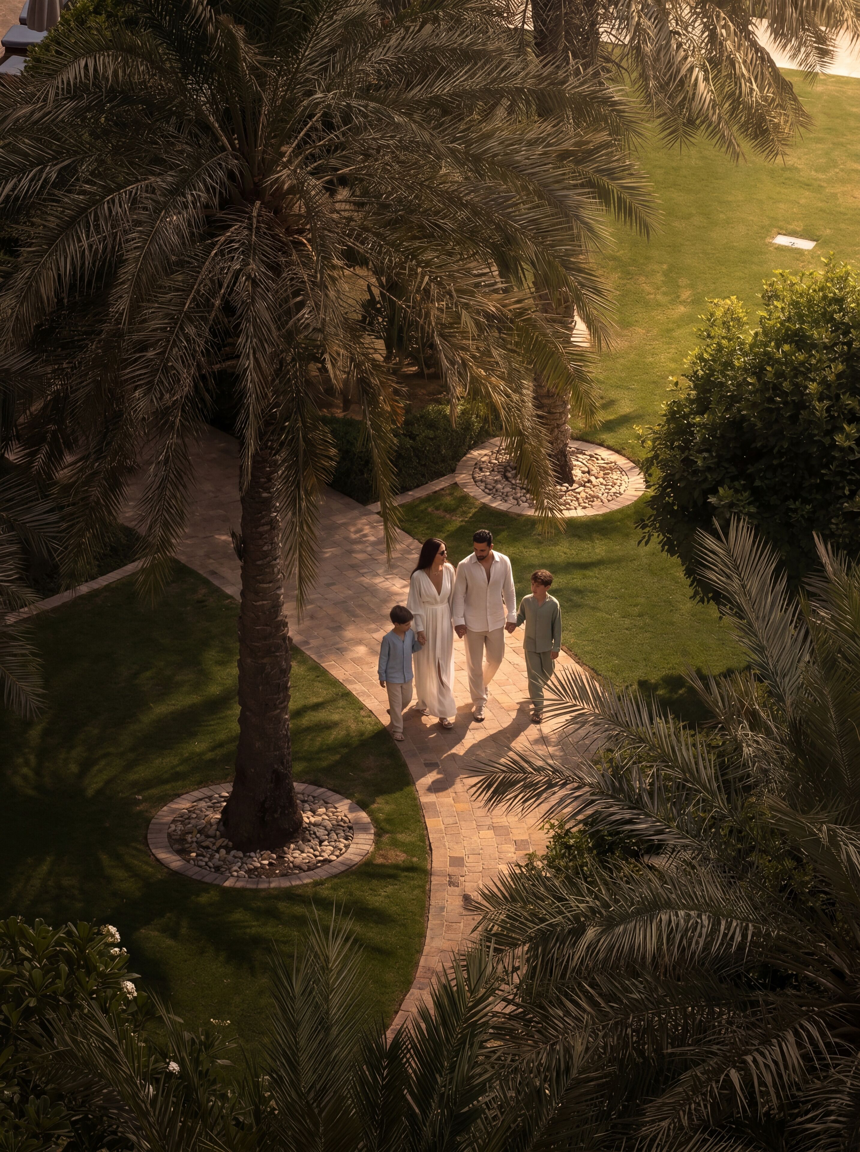 A pathway surrounded by palm trees and greenery, leading to a circular stone structure.