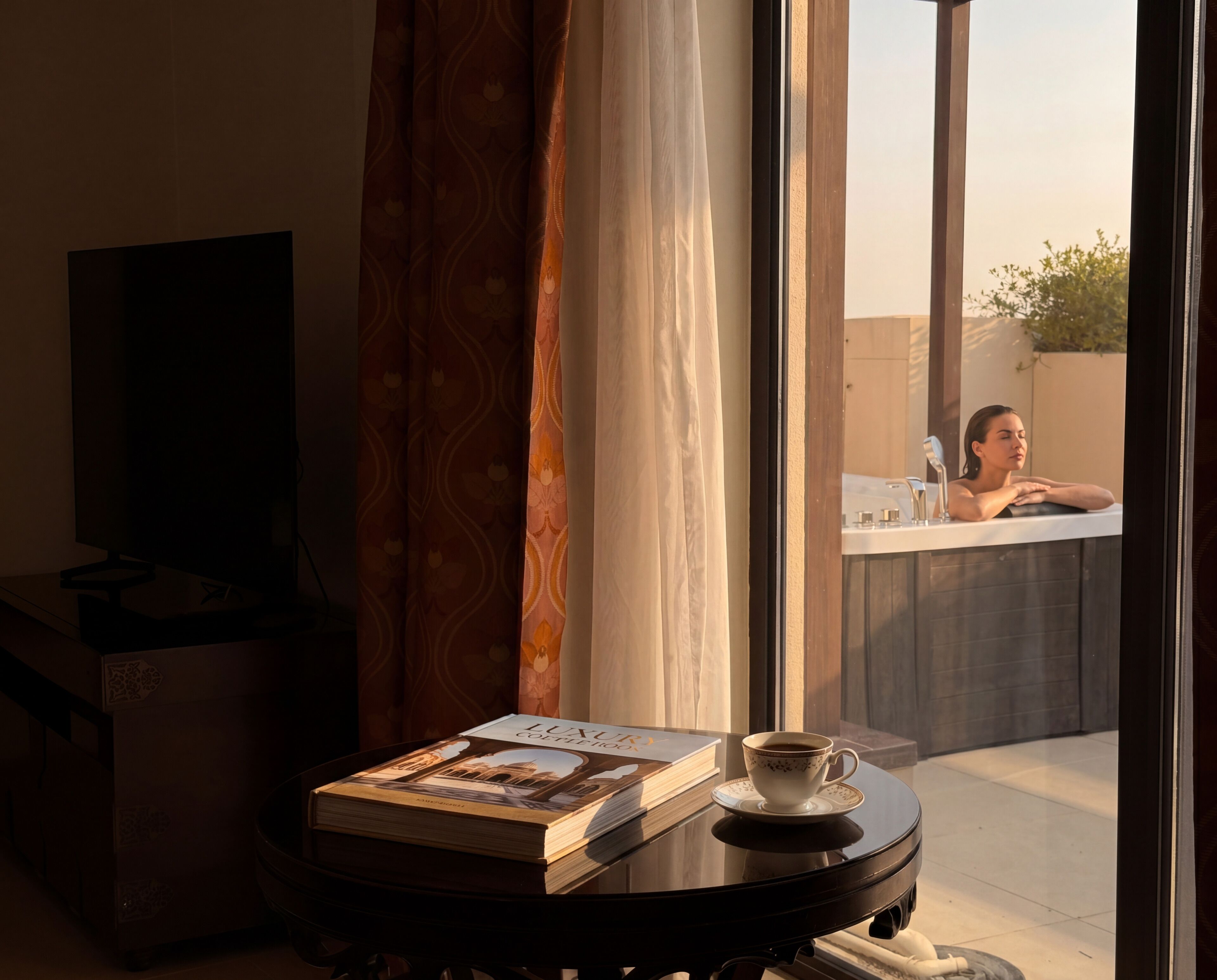 A room with a book titled 'LUXURIOUS' on a table, a cup, and a view of a person relaxing by a pool.