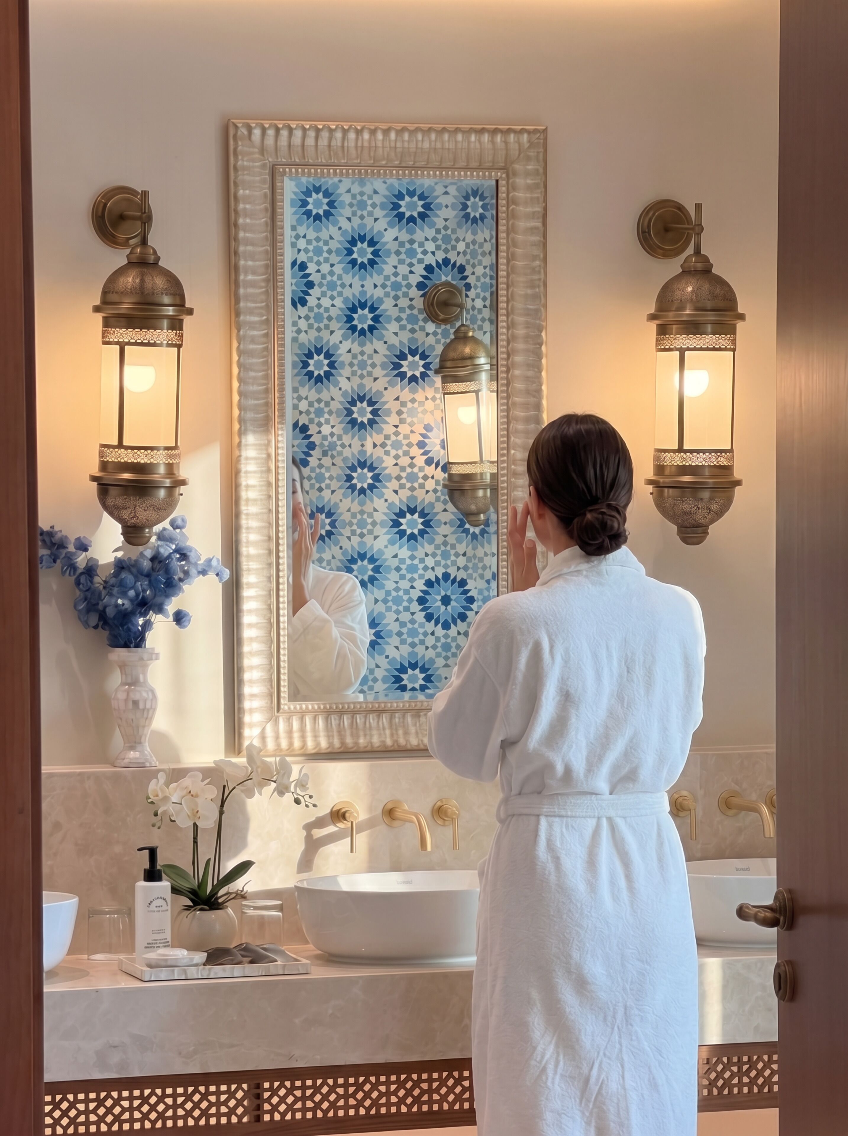A bathroom with a large mirror, two wall-mounted lights, a white sink, and a vase with blue flowers.