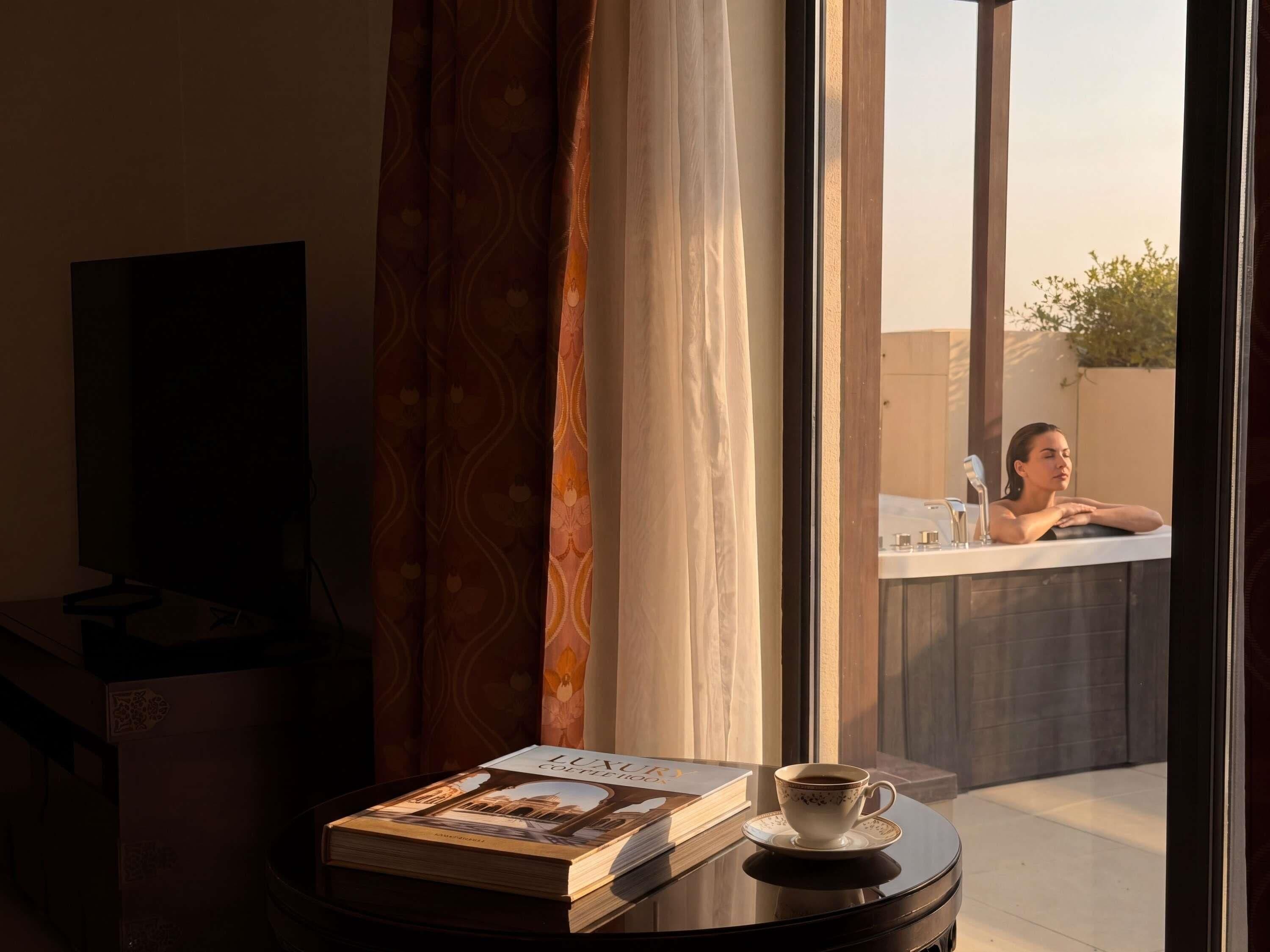 A room with a view of a person relaxing in a hot tub, a book titled 'LUXUS COFFEE,' and a cup of coffee on a table.