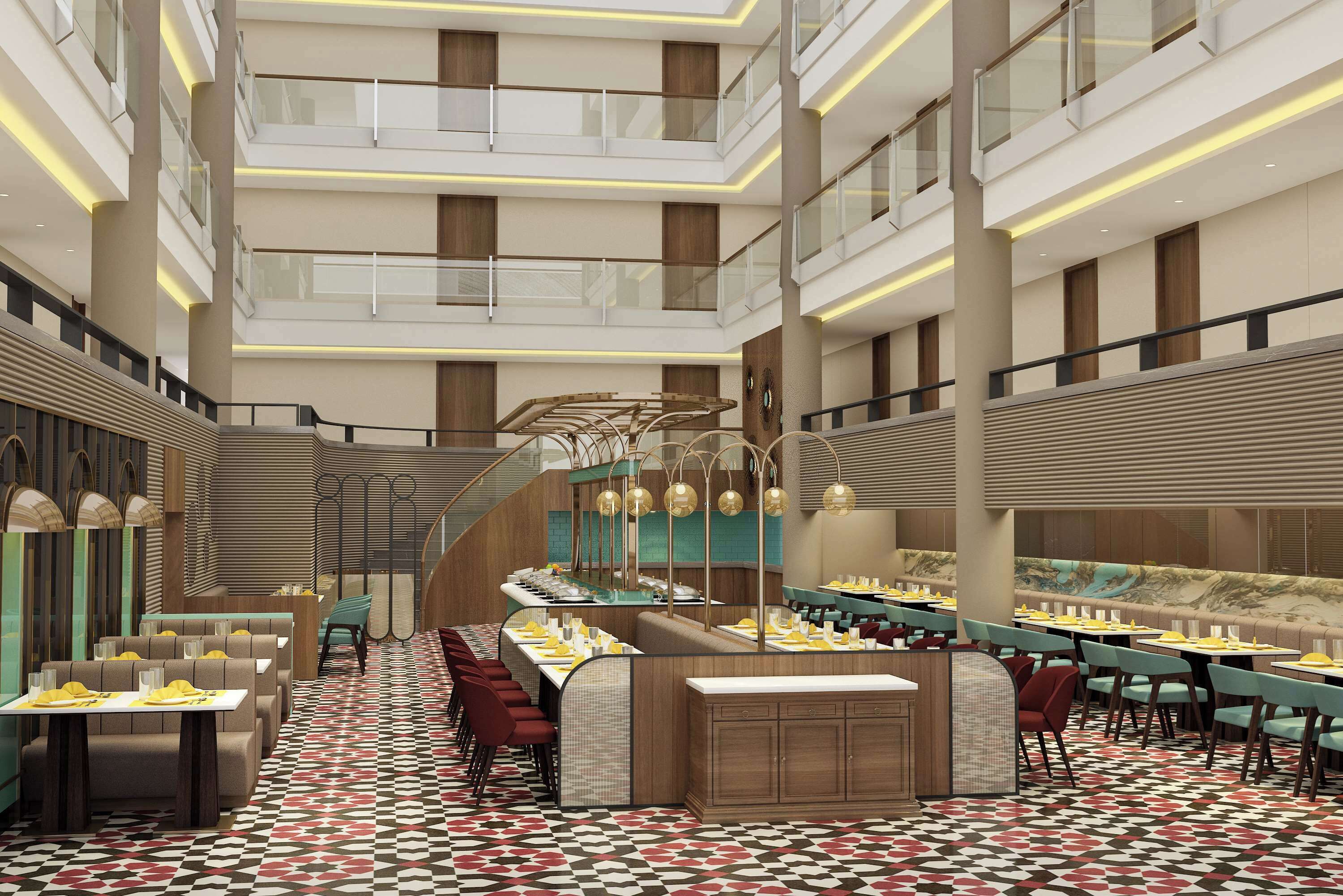 A modern hotel lobby with multiple dining areas, a central bar, and a staircase leading to upper floors.