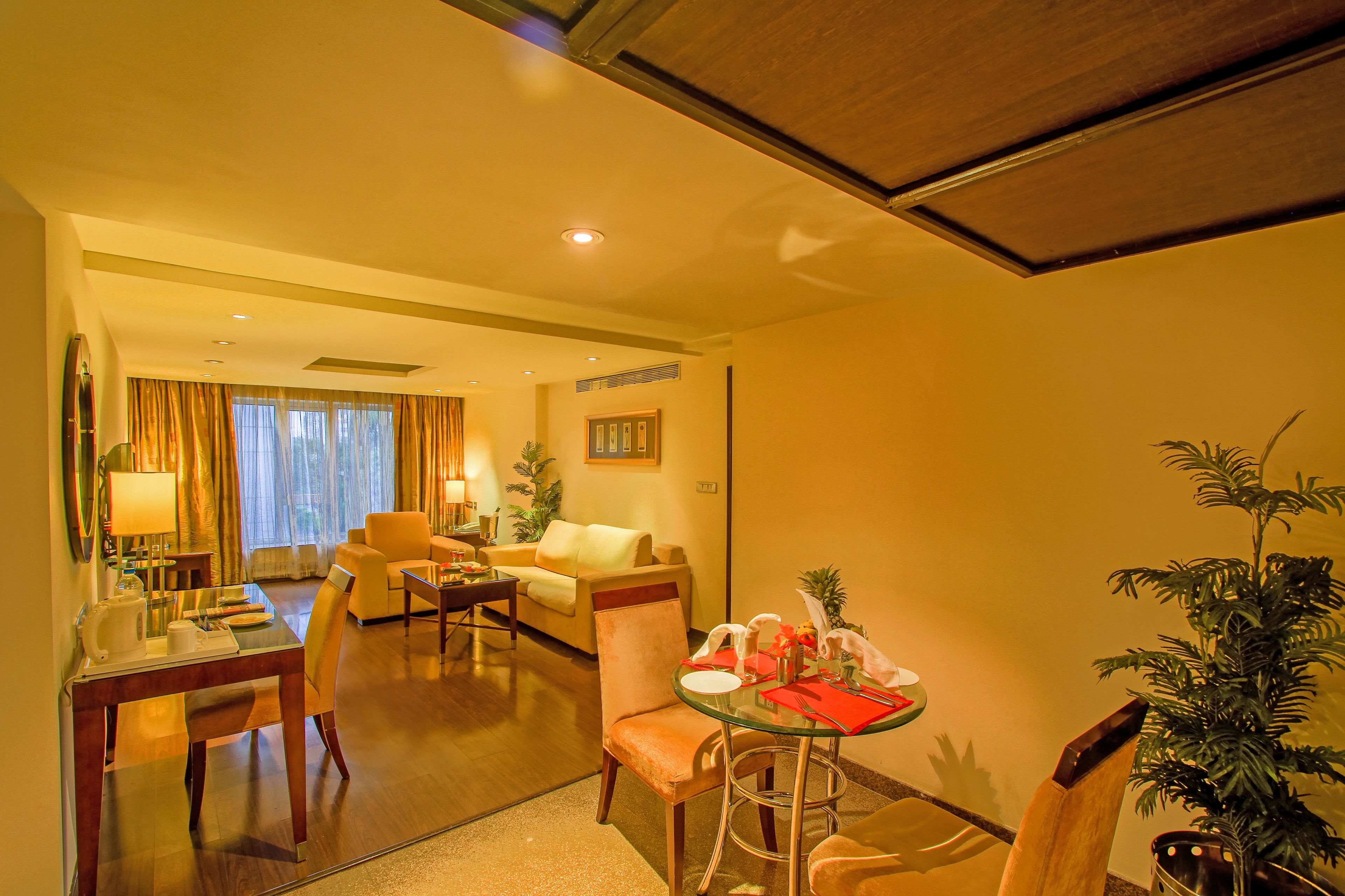 Une chambre d’hôtel comprenant un coin repas, un canapé, une table basse et une plante en pot.