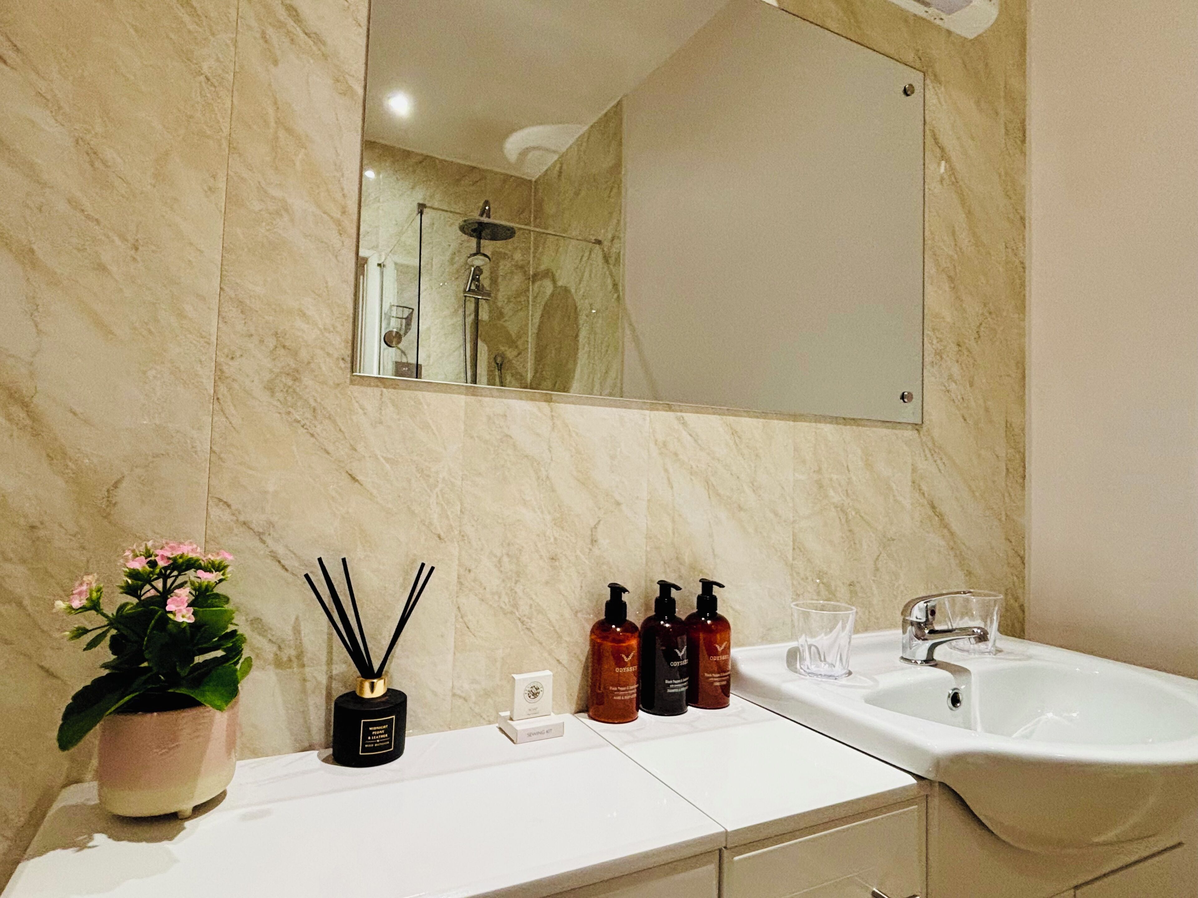 A bathroom with a marble wall, a sink, a mirror, and a potted plant.