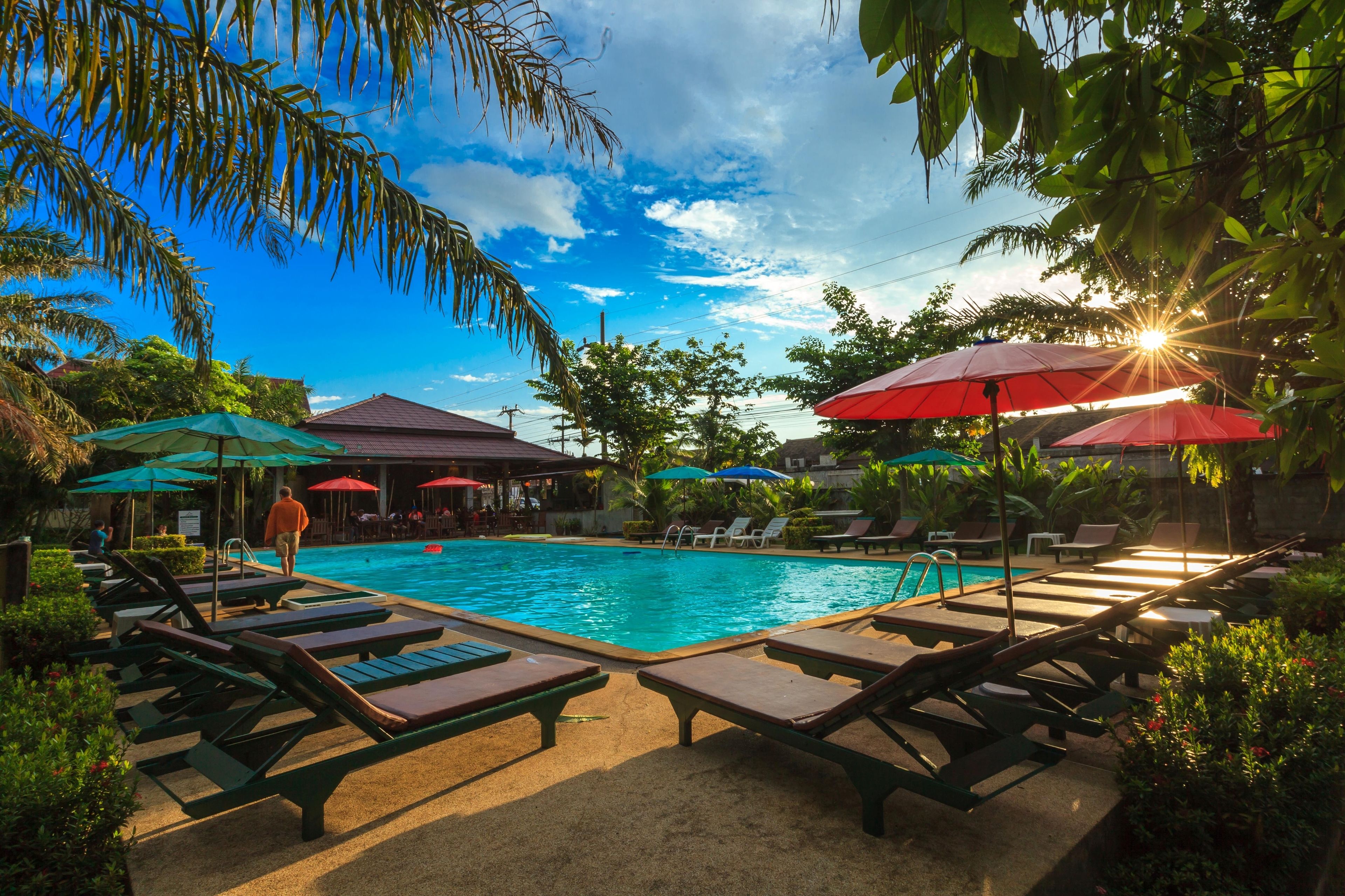 A pool area with lounge chairs and umbrellas, surrounded by greenery and a clear sky.