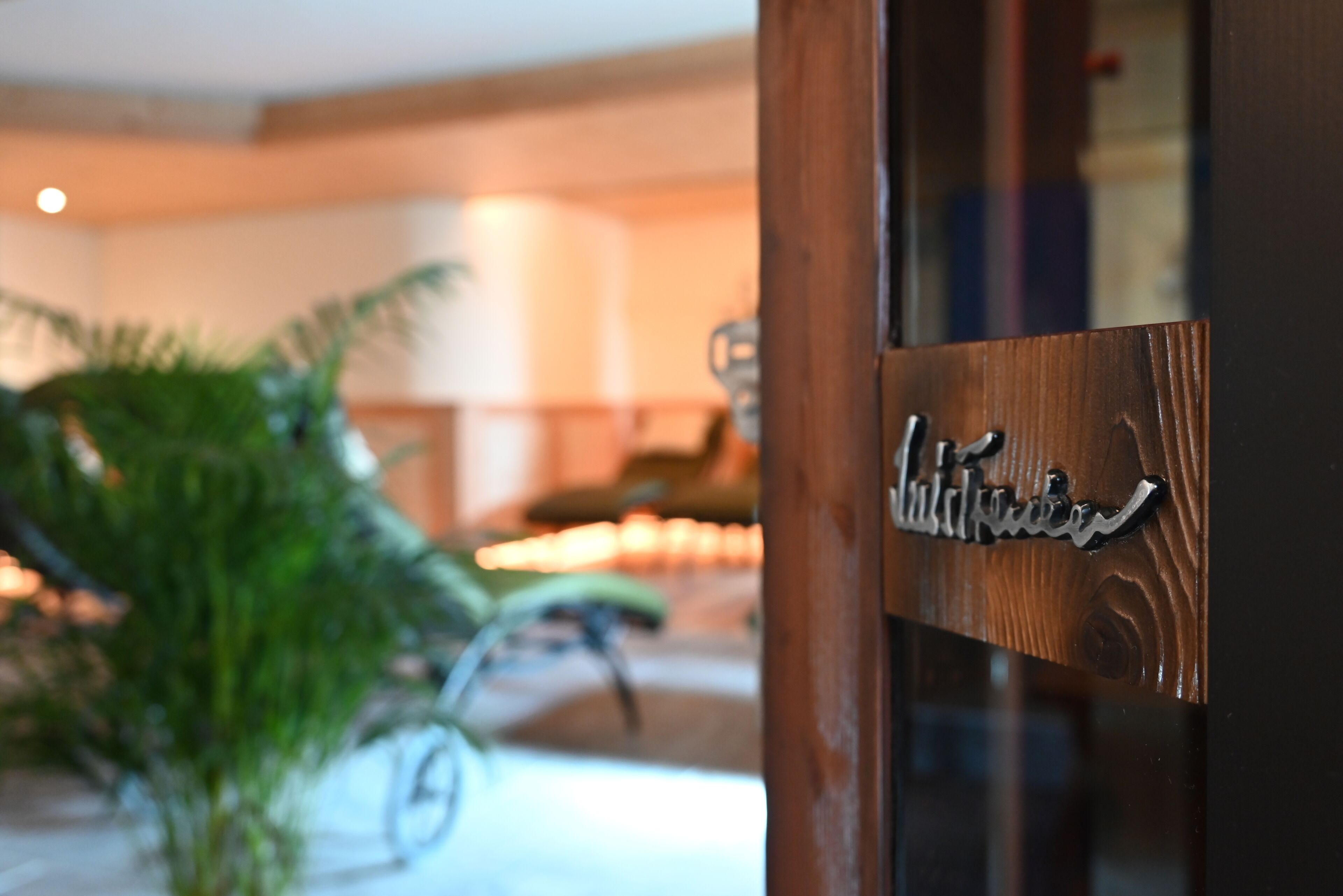 A wooden sign with the name "Hotel du Lac" in a well-lit indoor setting with a blurred background.