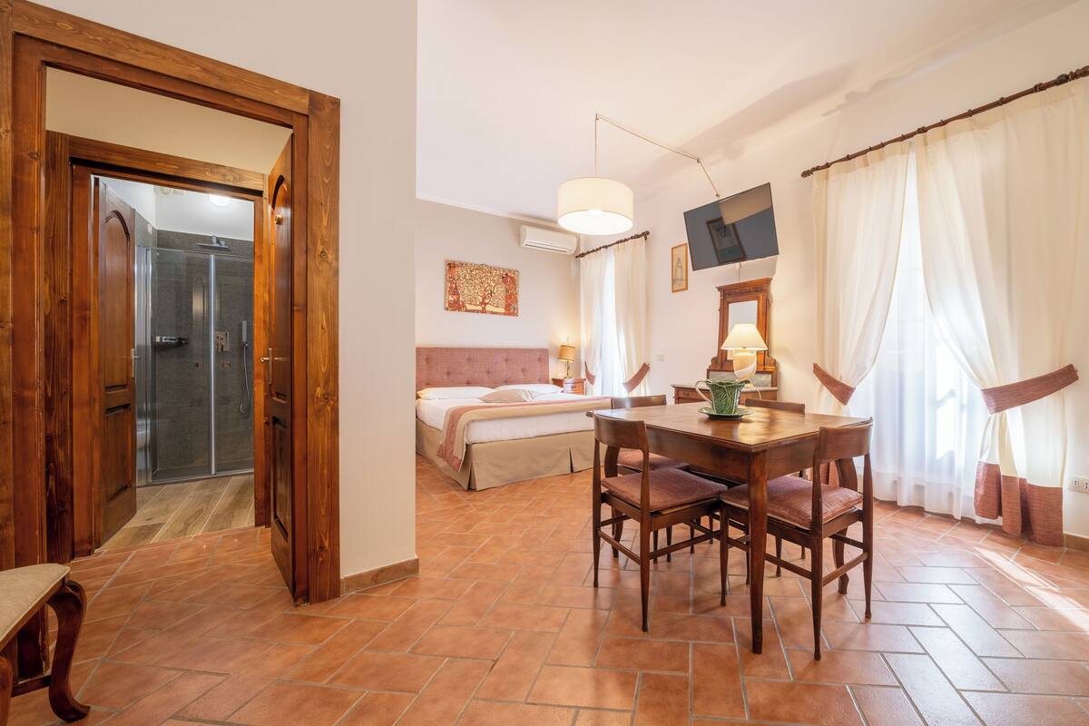 A hotel room with a bed, a dining table with chairs, a TV, and a bathroom with a shower.
