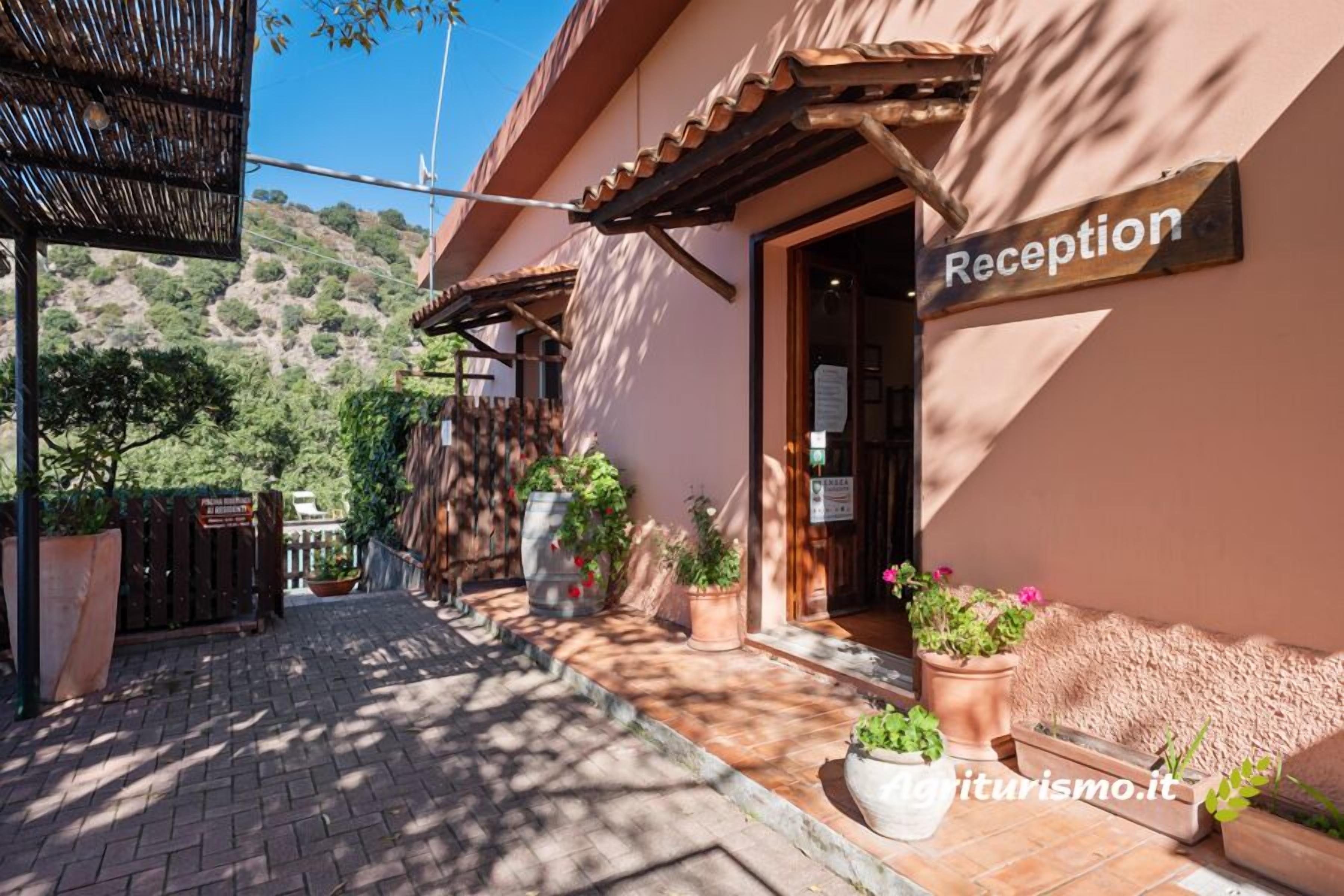 A reception area with a sign, potted plants, and a pathway leading to a building.