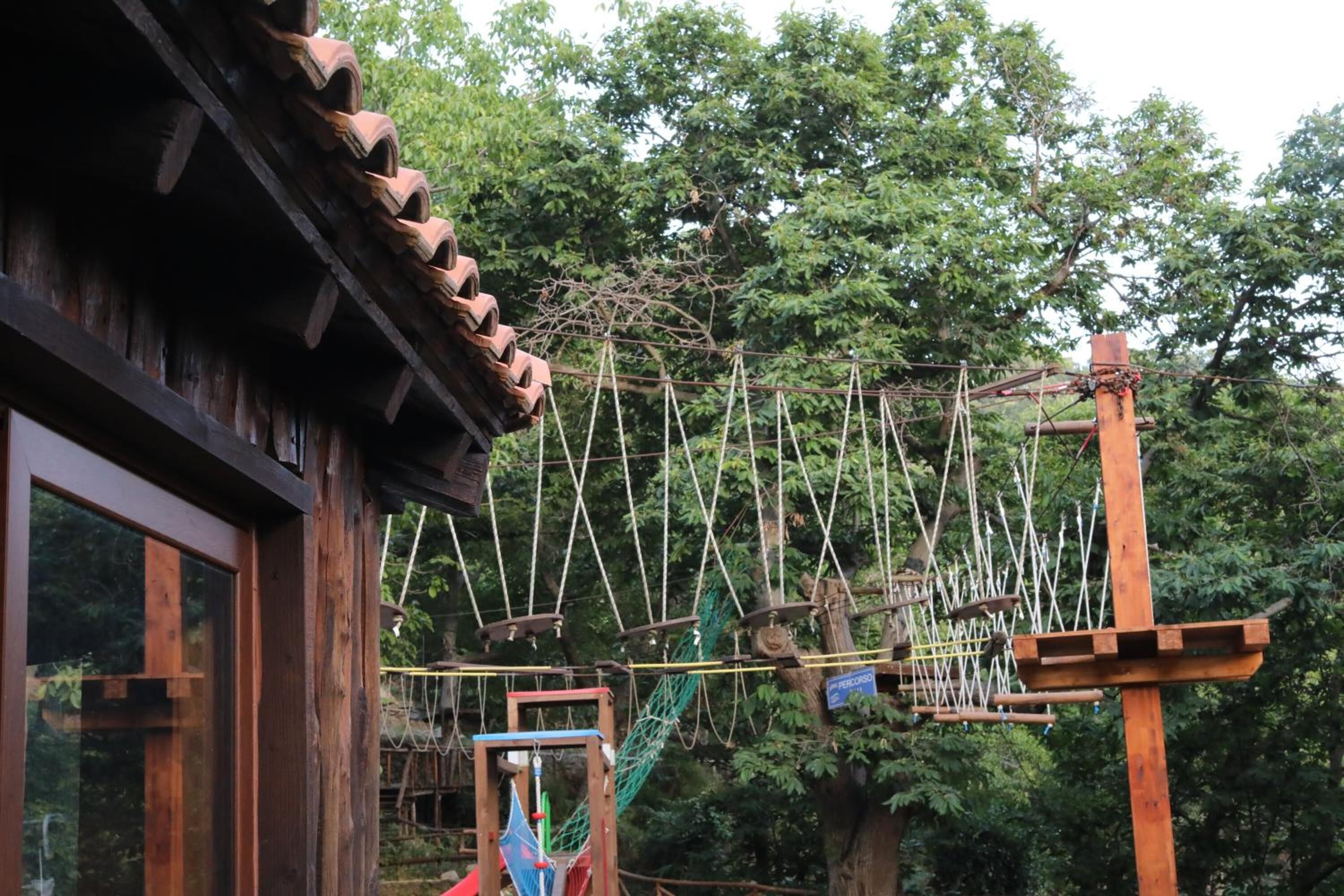 A wooden structure with a rope bridge and climbing elements, surrounded by trees.