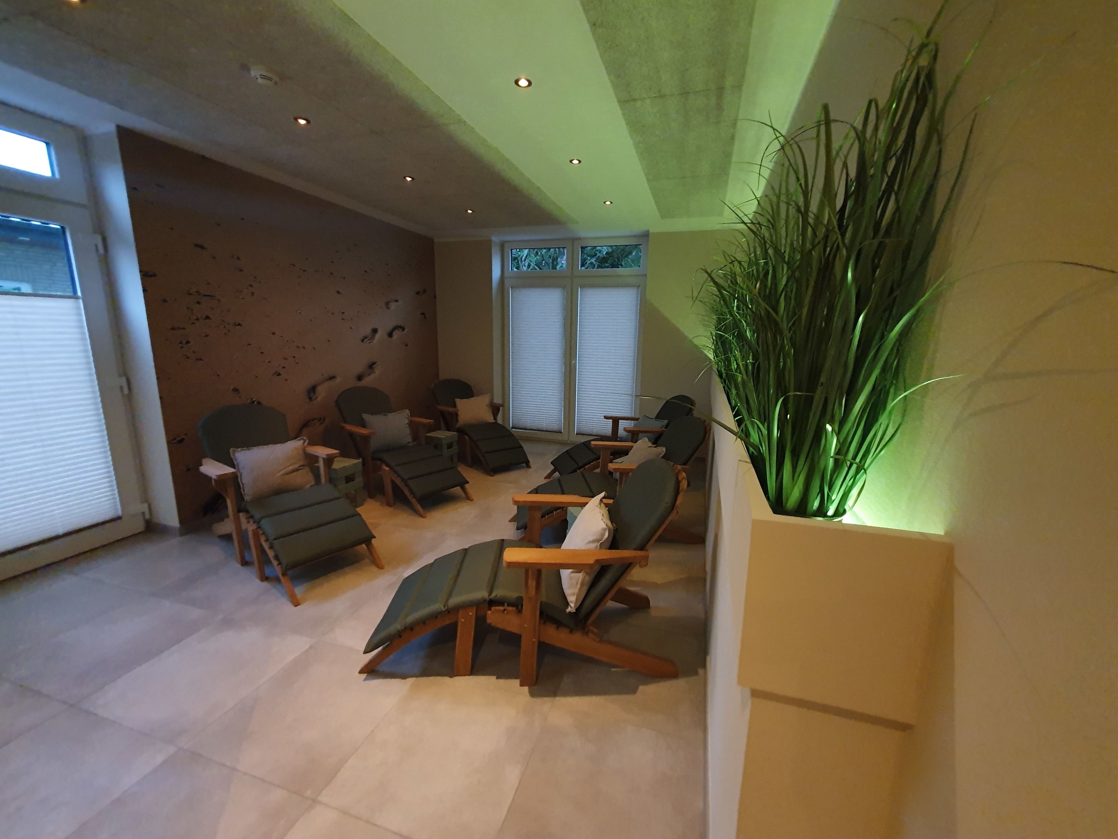 A modern living room with multiple lounge chairs, a large potted plant, and a view of the outdoors through a window.