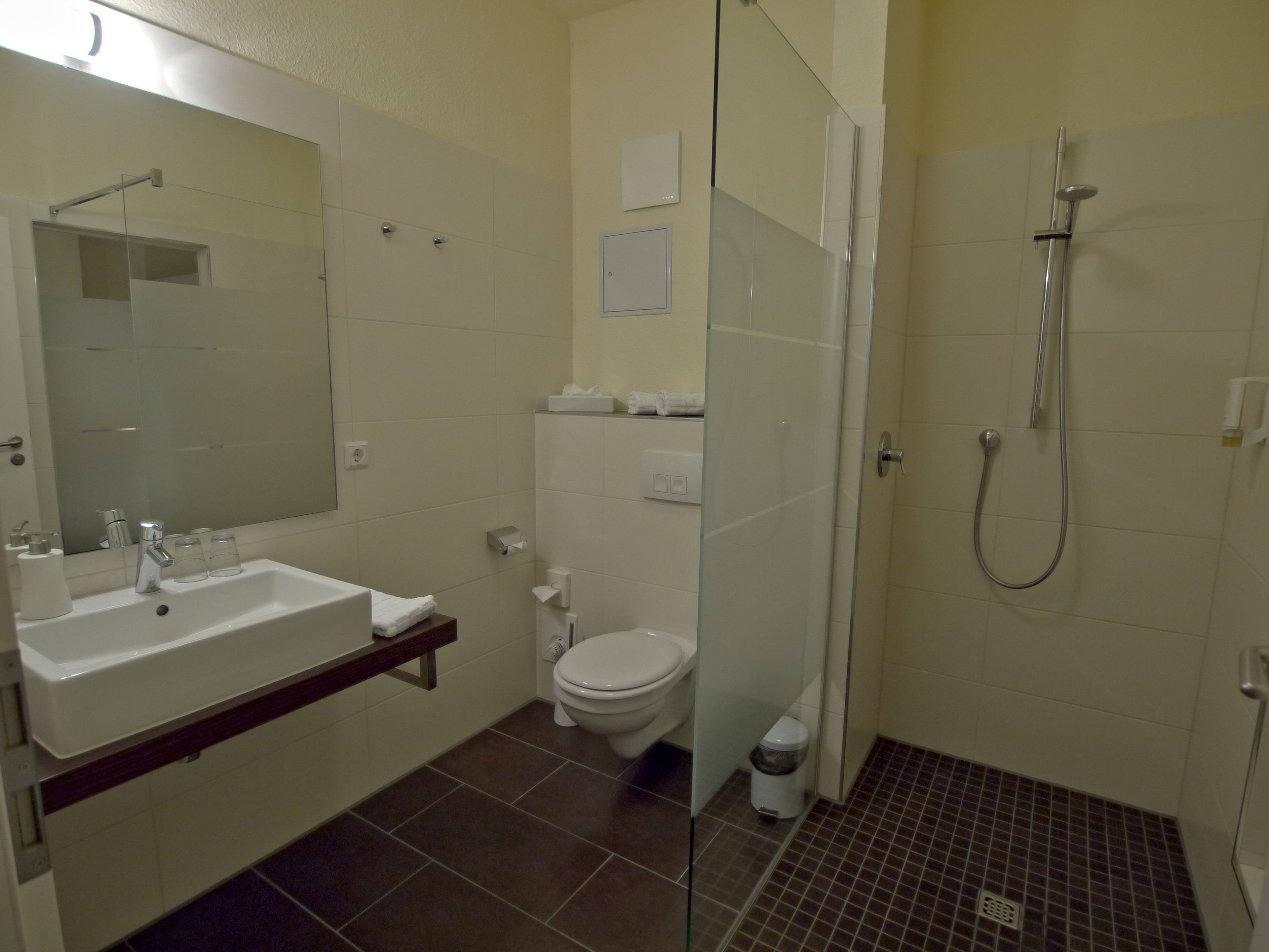 Un bany amb un lavabo, vàter i plat de dutxa.