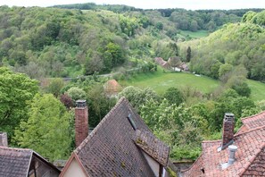 Paisaje rural con casas, un río y abundante vegetación.