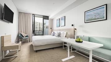 In-room safe, desk, laptop workspace, blackout curtains