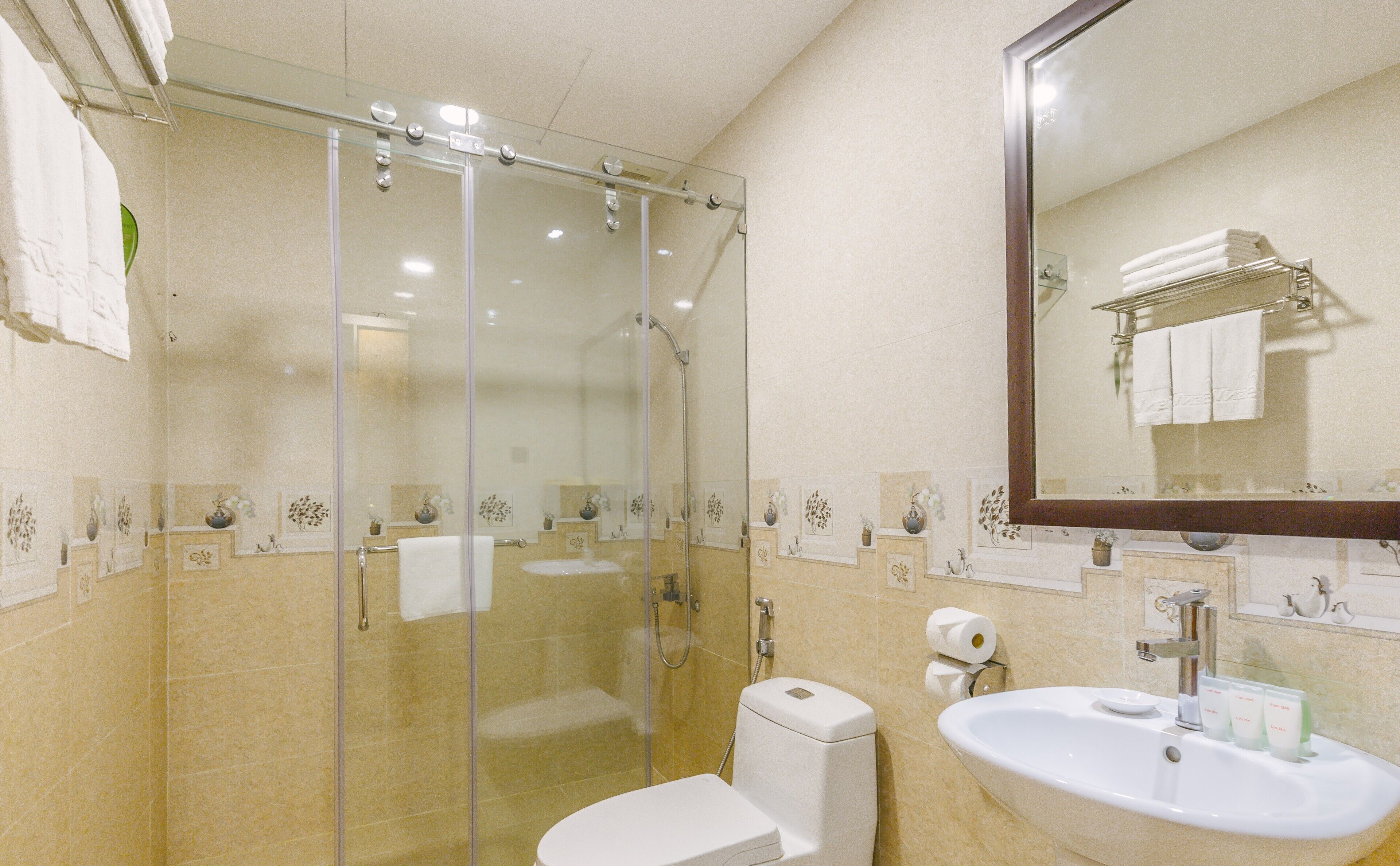 Une salle de bain avec une douche à parois de verre, des toilettes, un lavabo avec des articles de toilette et un miroir.