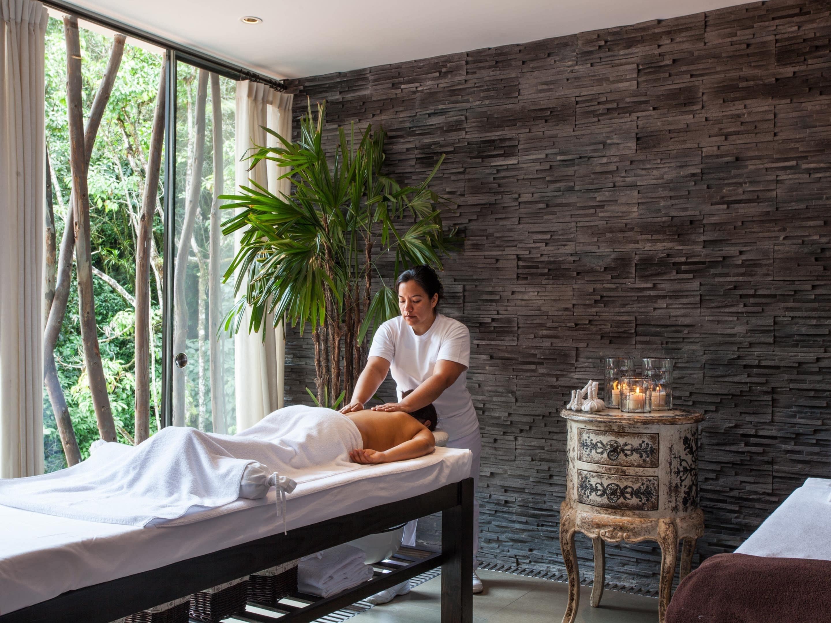 sauna, hot tub, deep-tissue massages