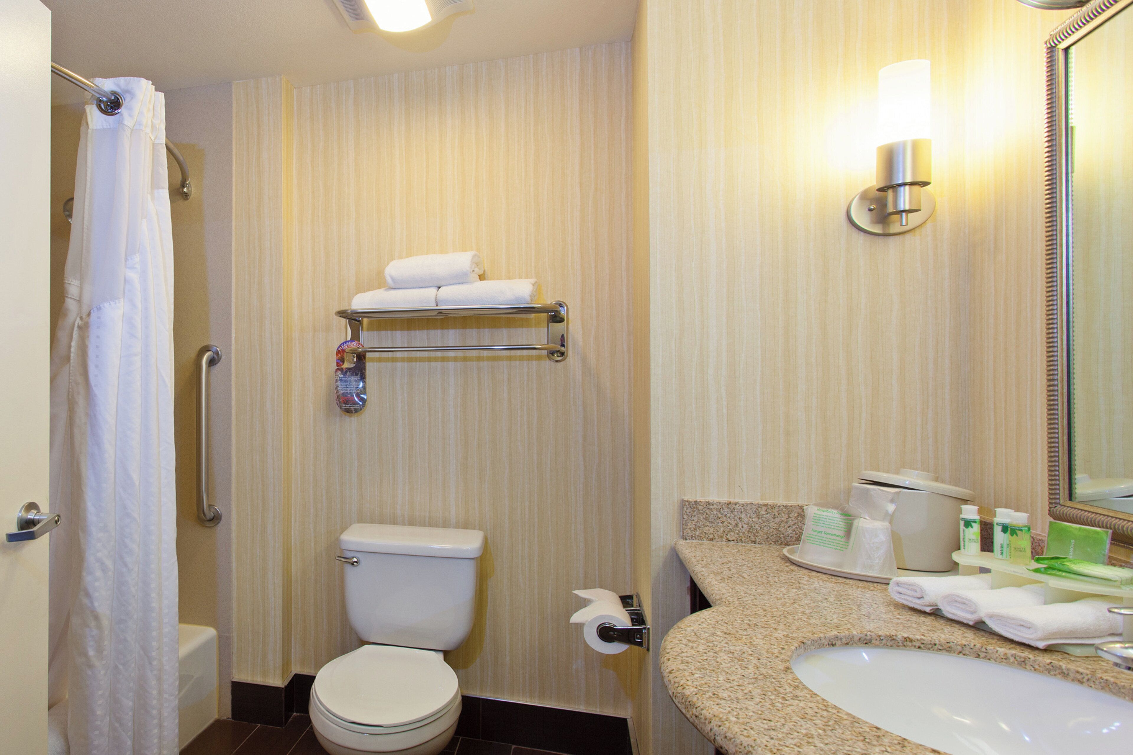 Une salle de bain équipée de toilettes, d’un lavabo, d’un rideau de douche, d’un porte-serviettes et d’un miroir.
