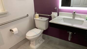 A bathroom with a white toilet, purple walls, a white sink, and a handrail.
