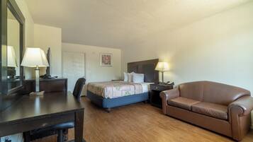 A hotel room with a bed, a desk, a chair, a sofa, and a nightstand with a lamp.