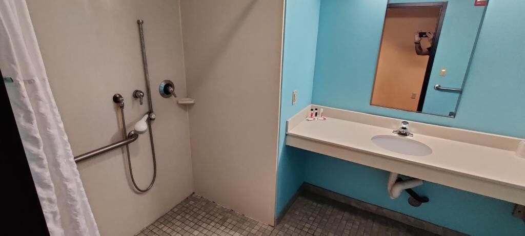 Un baño con ducha, lavamanos y espejo.