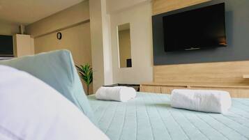 Una habitación de hotel con cama, televisor y planta.