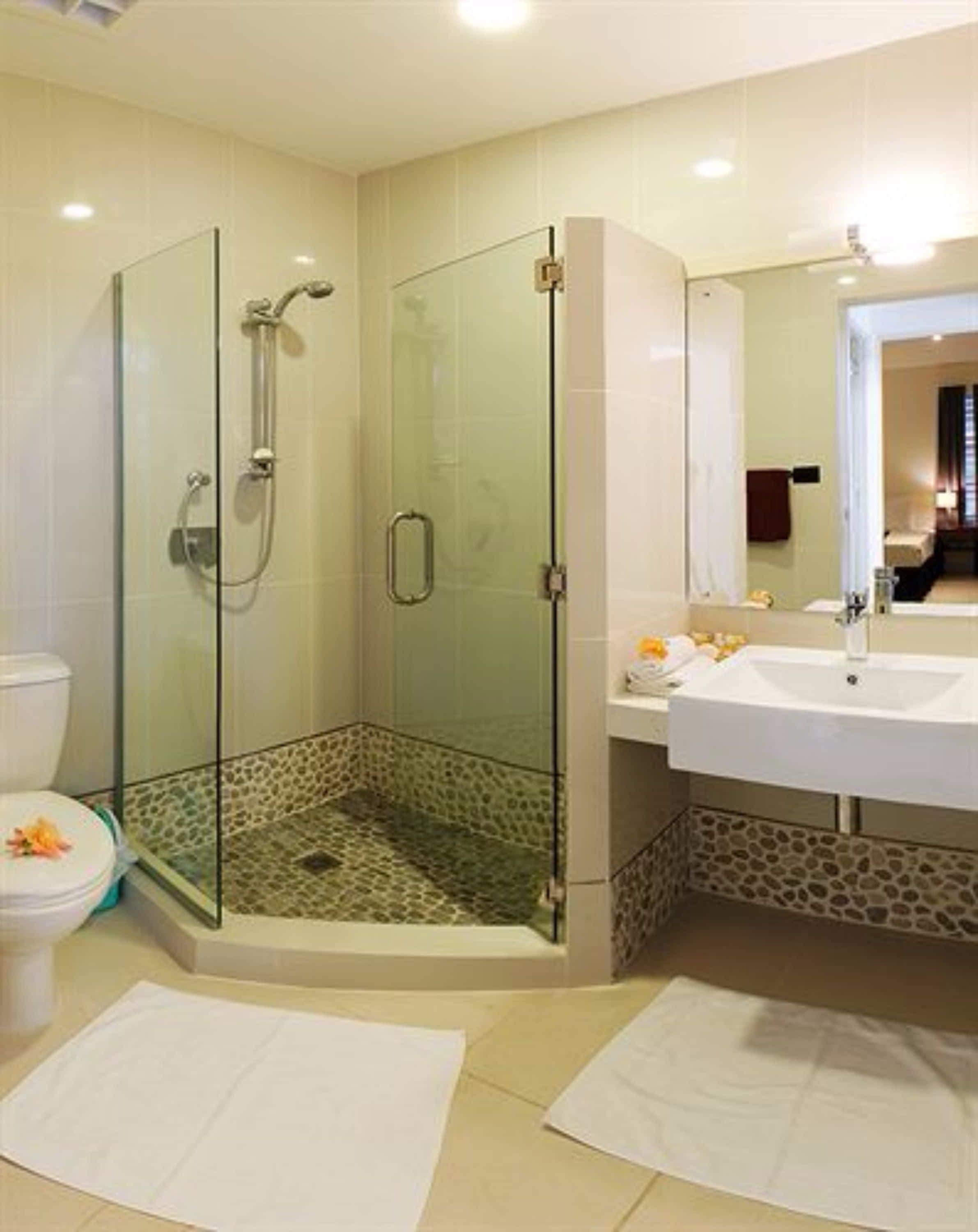 A bathroom with a glass-enclosed shower, a toilet, and a sink with a mirror.