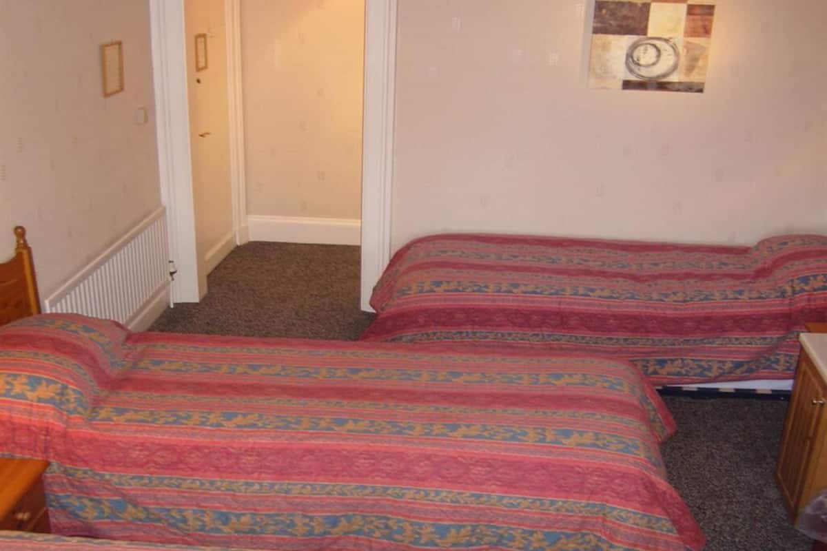 Quarto com duas camas, cada uma com roupa de cama estampada, um radiador e uma porta que dá para outro espaço.