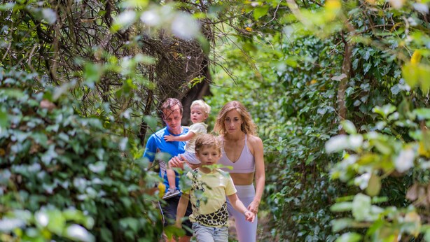 A family walking through a lush, green forested area.
