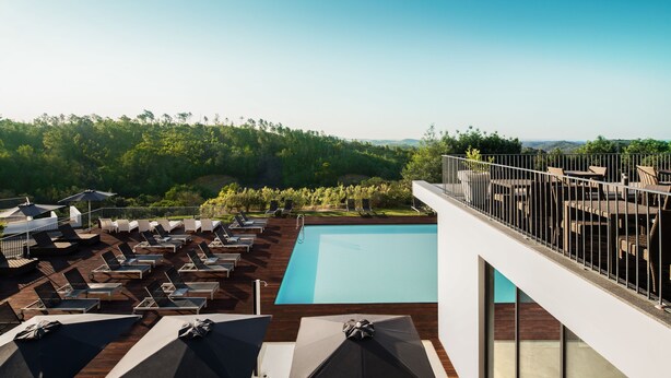 Zona de piscina en la azotea con sillones de descanso y sombrillas, rodeada de vegetación exuberante y un cielo despejado.