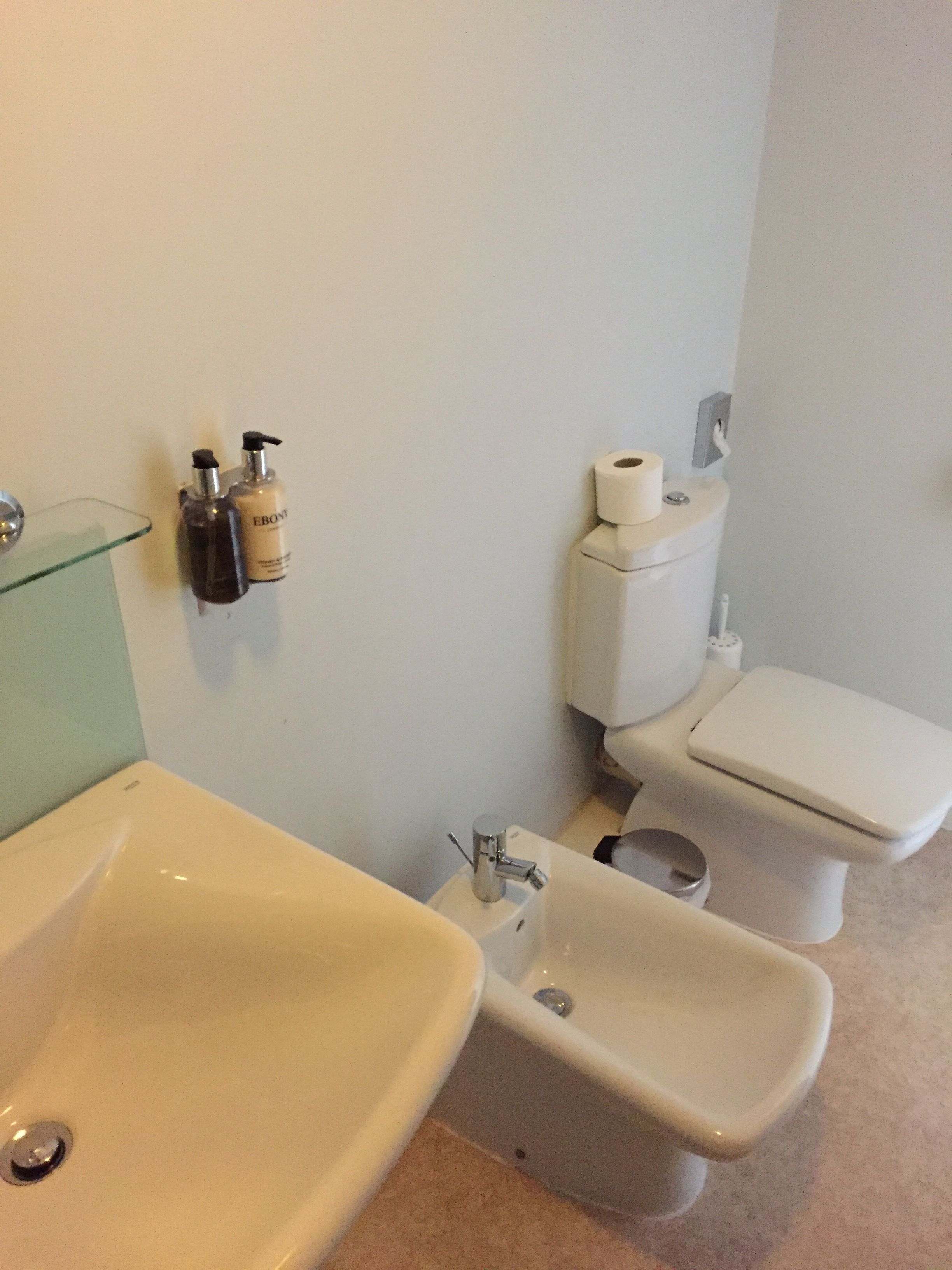 A bathroom with a white sink, a bidet, and a toilet. There are two bottles of toiletries on the wall.