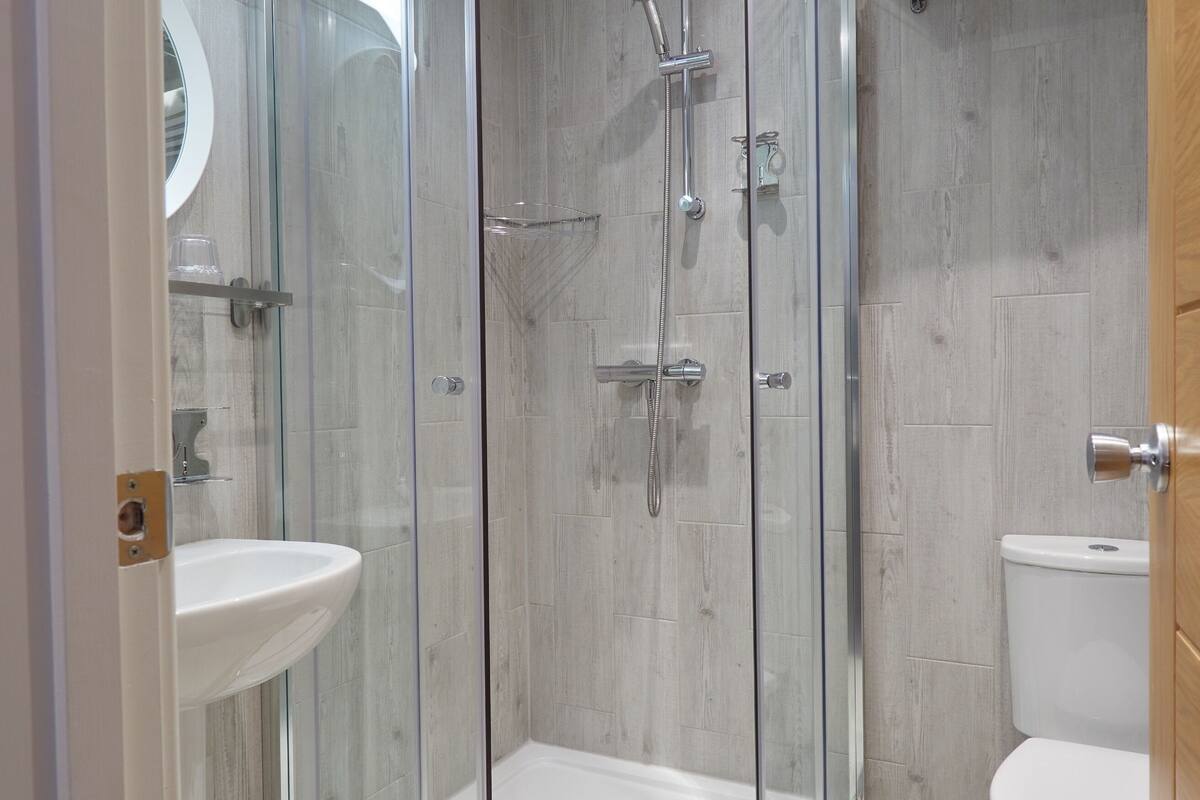 shower, free toiletries, hair dryer, towels