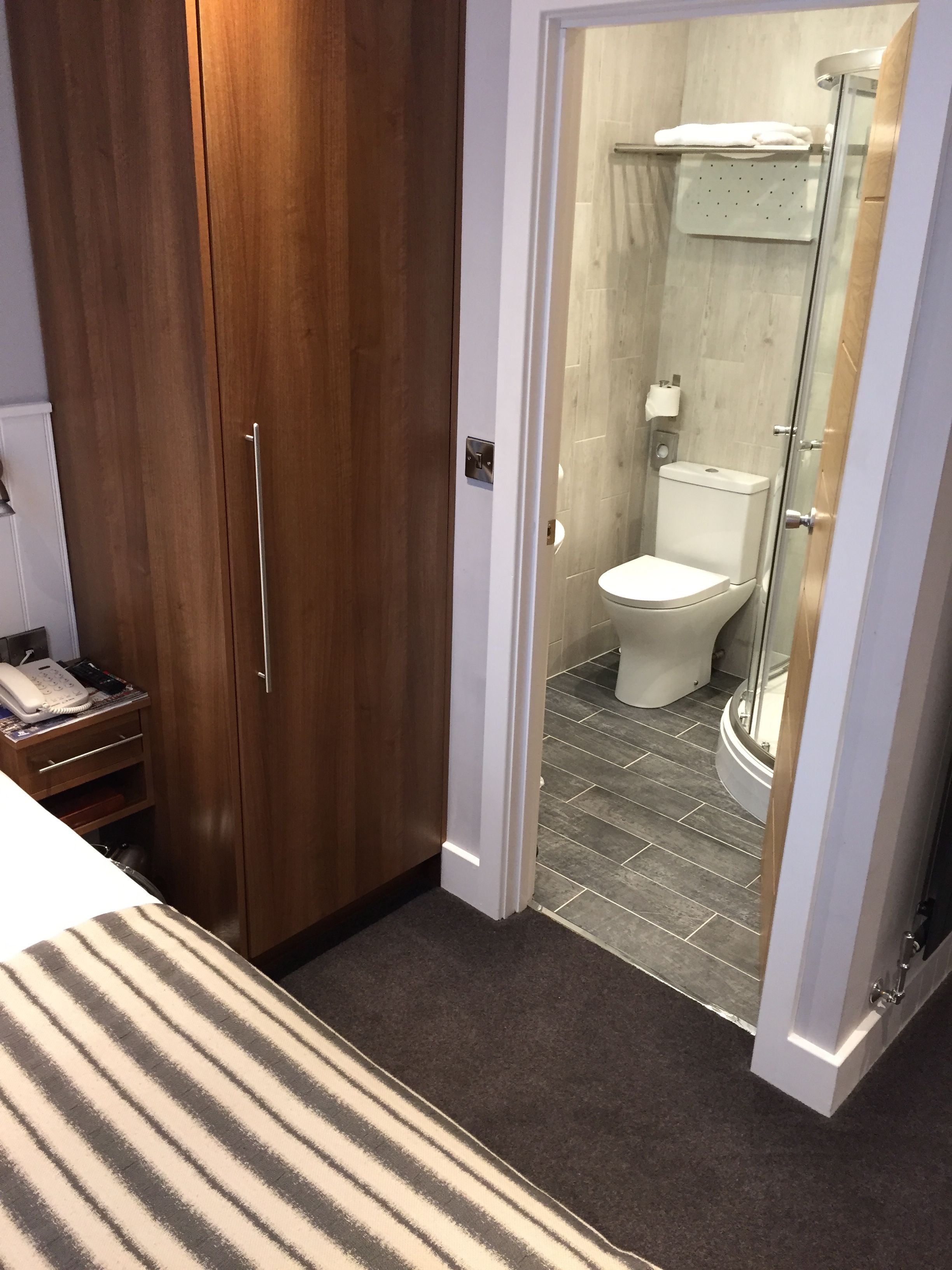 Une salle de bain avec des toilettes, une douche et une armoire en bois.