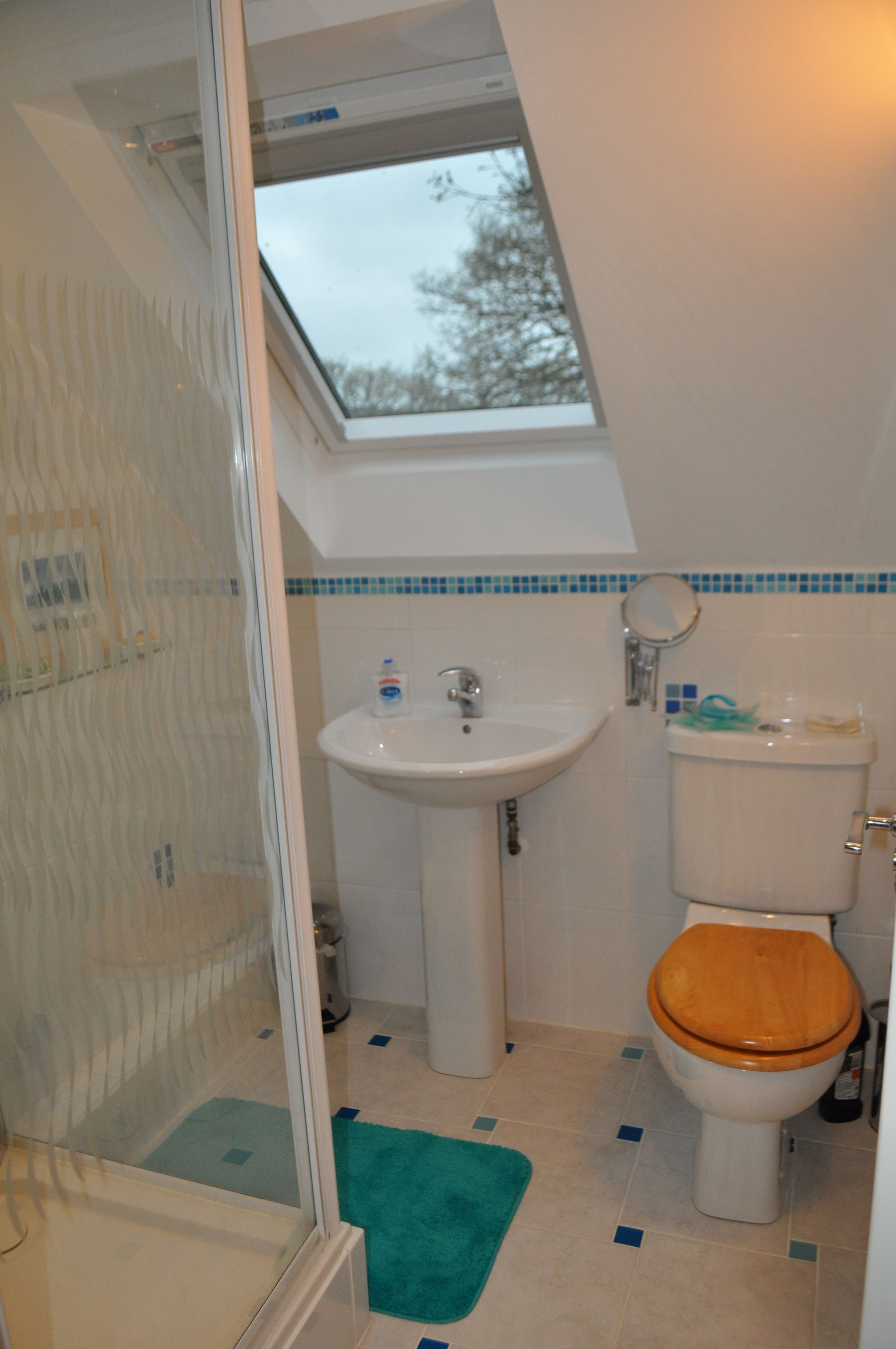 A small bathroom with a skylight, a sink, a toilet, and a shower.