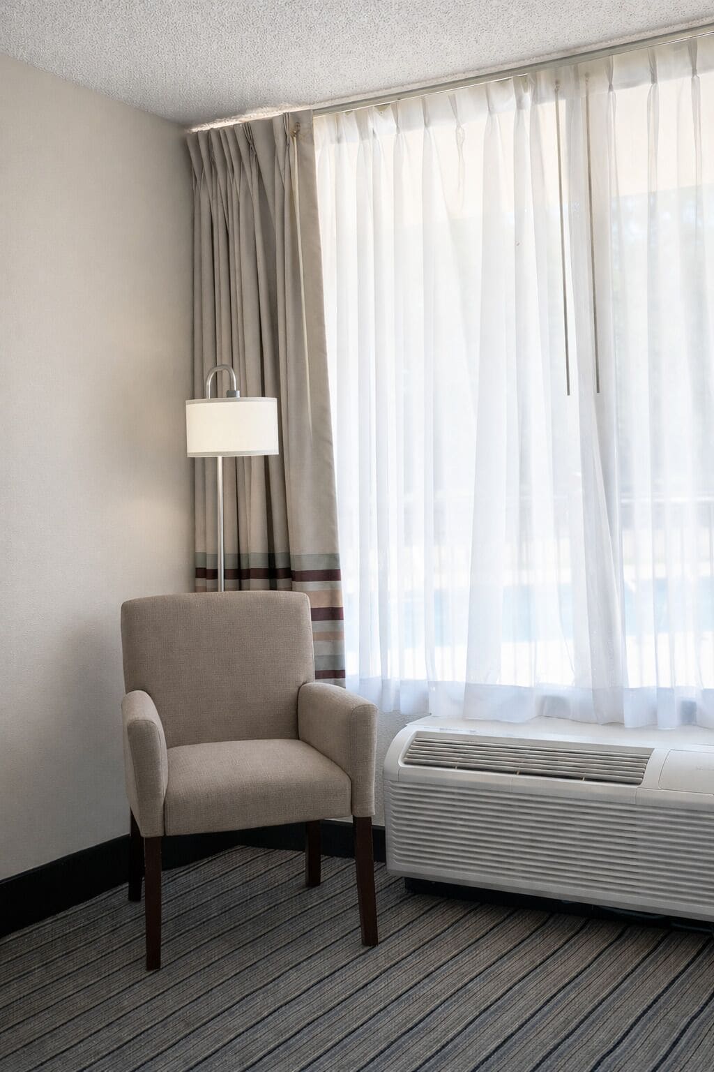 Desk, blackout curtains, soundproofing, iron/ironing board