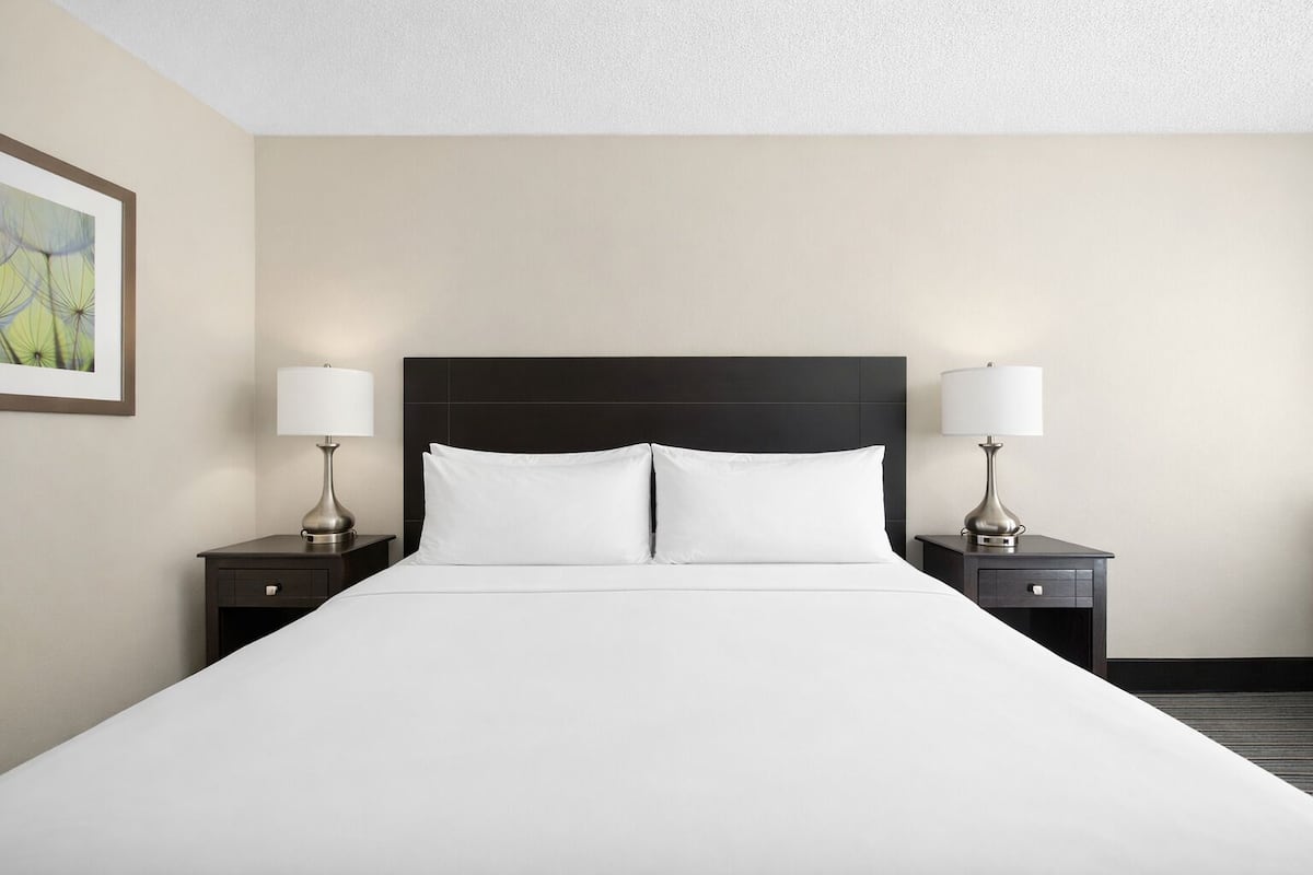 Hotellihuone, jossa on suuri sänky, kaksi yöpöytää valaisimineen ja seinällä oleva kehystetty taulu.