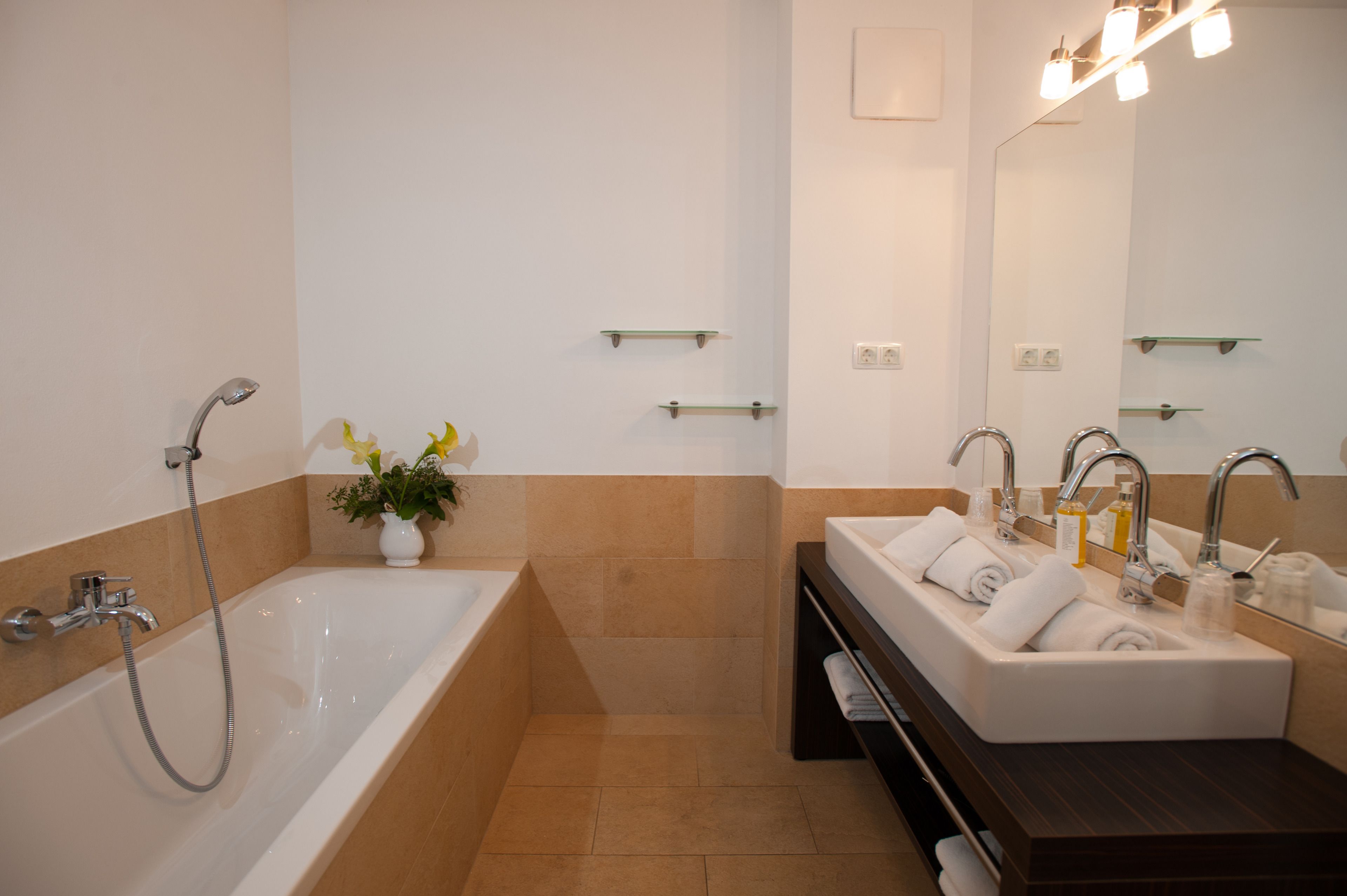 senior apartment, 2 bedrooms, balcony, mountain view | bathroom | separate bathtub and shower, hair dryer, dressing gowns, towels