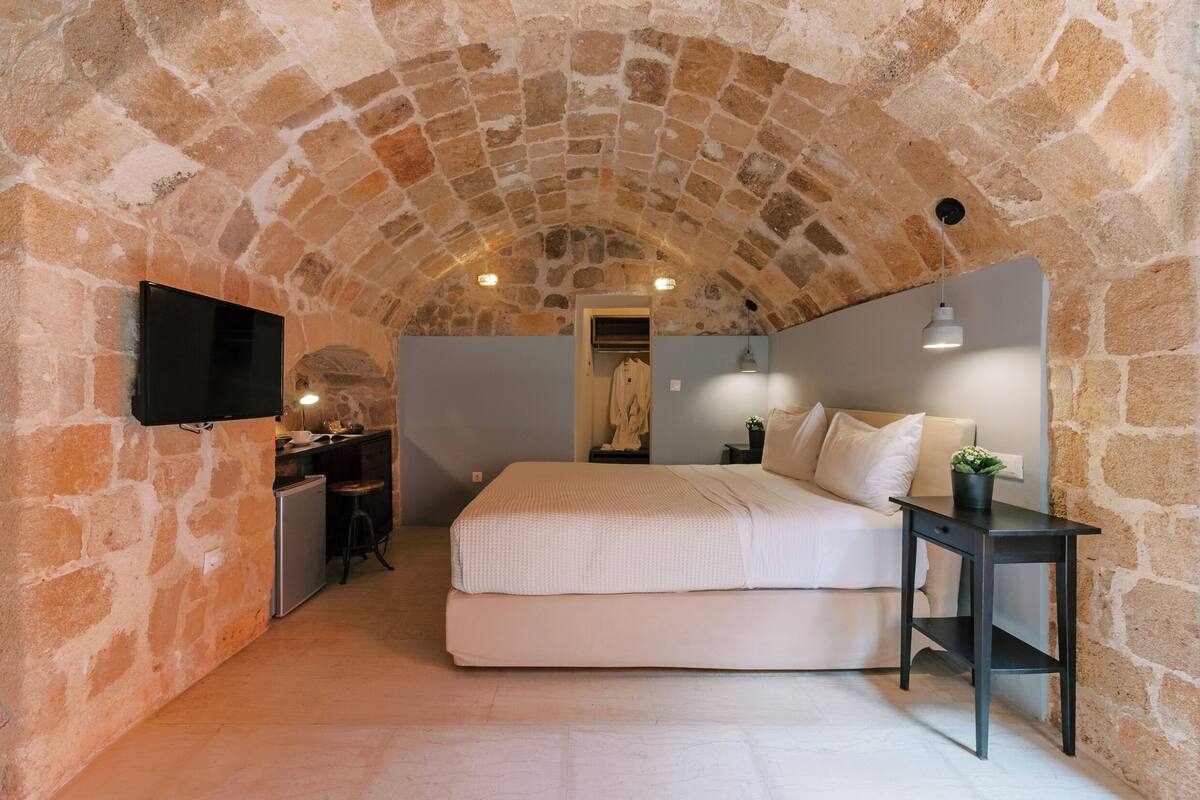 A bedroom with a stone ceiling, a bed, a bedside table with a plant, and a TV mounted on the wall.