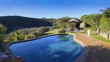 Outdoor pool, pool umbrellas, pool loungers