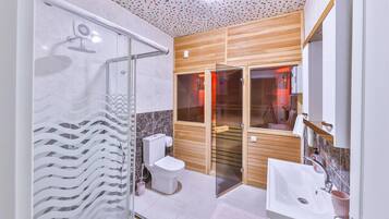 Villa, 2 Bedrooms, Sauna, Garden View | Bathroom | Separate bathtub and shower, spring water bathtub, hair dryer, towels