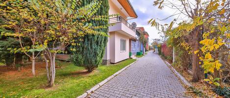 A residential street with houses, a paved walkway, and trees with autumn leaves.