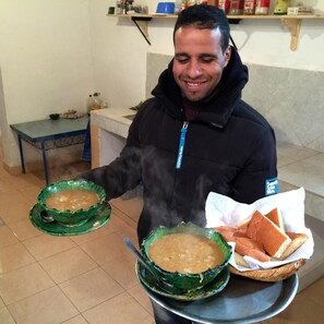 Breakfast, lunch, dinner served; local cuisine