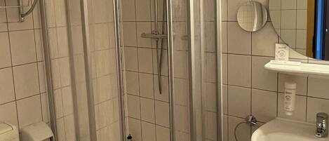 A bathroom with a glass-enclosed shower, a white sink, a toilet, and a mirror.