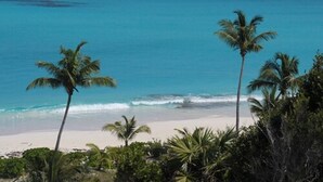A beach with palm trees and clear blue water. - Sky Beach Club (Governor's Harbour)