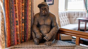 A statue of a seated figure in a room with patterned curtains and a cushioned chair. - Comfort Inn Blackpool Gresham (Blackpool)