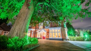 Un árbol grande con raíces extensas frente a un edificio con puerta roja y varias ventanas.